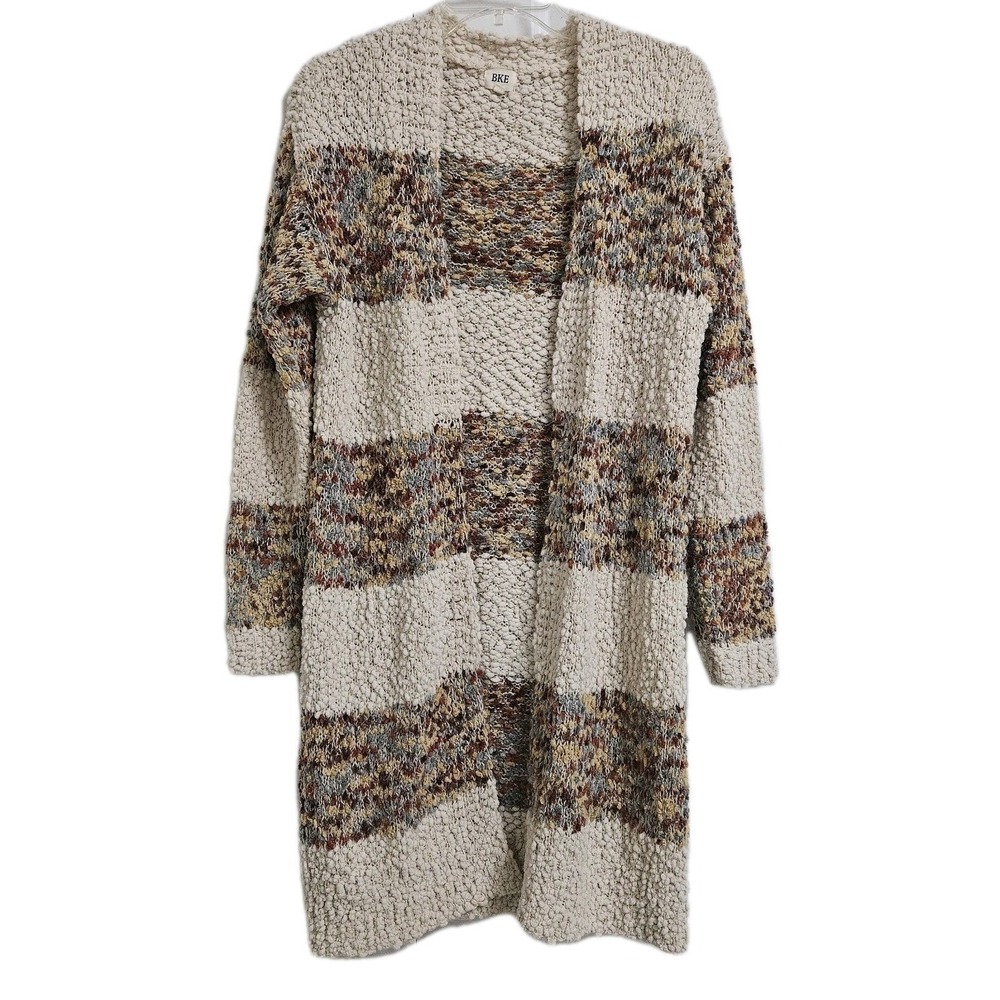 BKE Cardigan Women Medium Cream Multi Stripe Popcorn Knit Longline Open Front